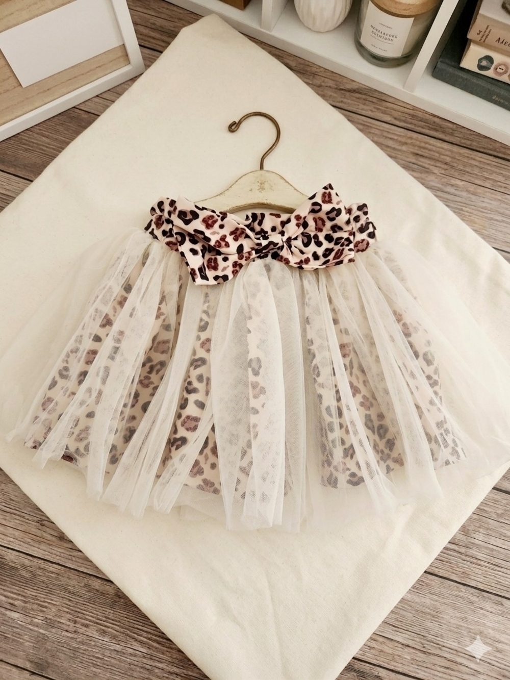 PatPat Cream Tulle Skirt with Leopard Waistband, S 9-12m, NWT